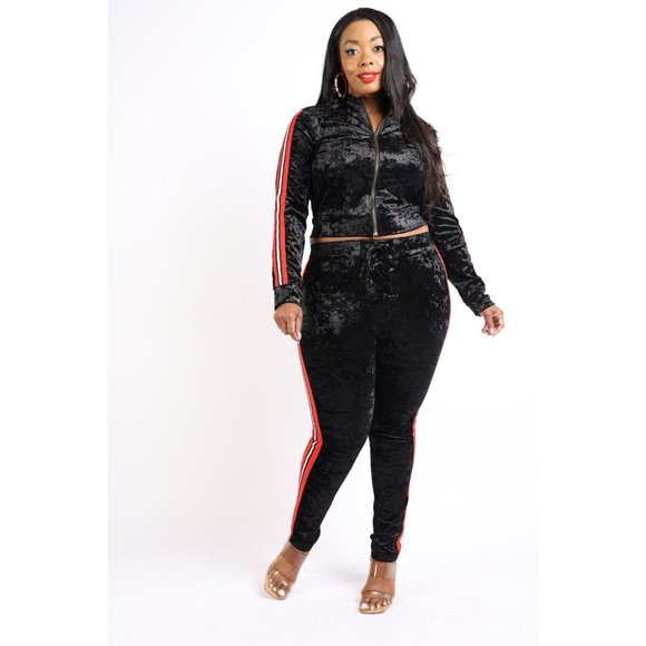 Women's Velvet Zip Up Long Sleeve With Stripe Sport Tape Top & Matching Pants - Picture 10 of 11